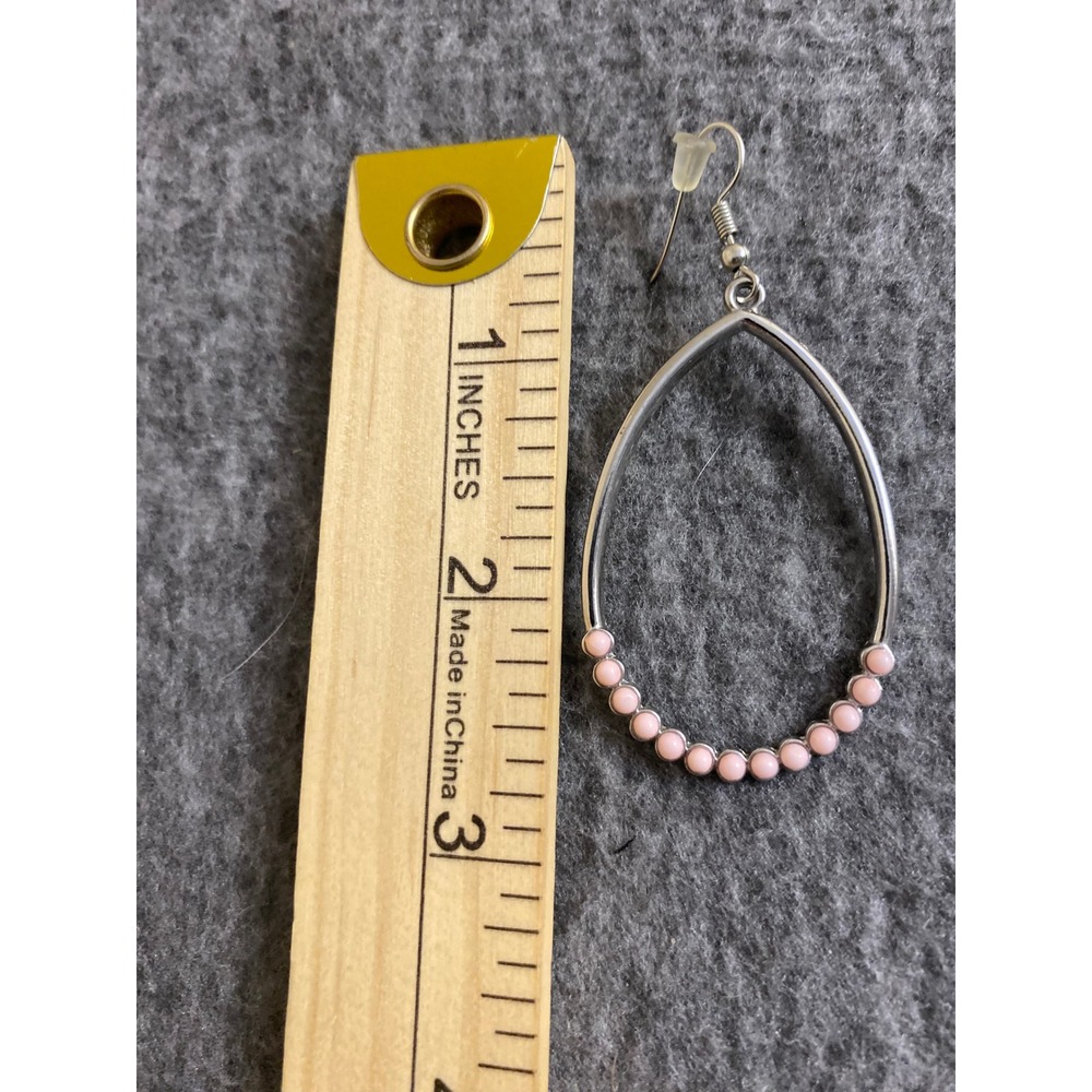 Pink Bead Silver Tone Earring Set Teardrop Hoops and Bead Drops 2 Pairs - Picture 4 of 6